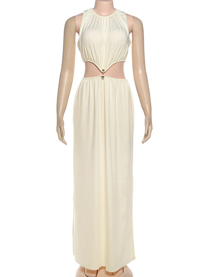 Sisterlinda Metal Patchwork Waistless Long Dresses Women o-Neck Sleeveless Summer Vacation Y2K Style Ruched Elegant Vestidos