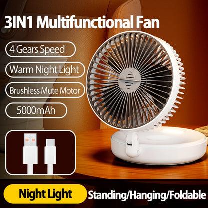 2024 New Rechargeable 3IN1 Multifunctional Portable Fan Wall Mounted Fan 90° Folding Fan 4 Gears With Warm Night Light