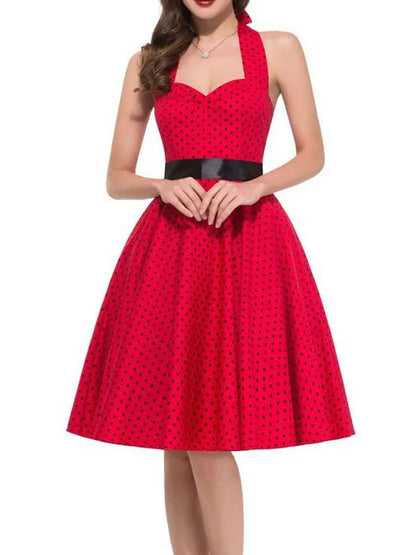 Women Summer Polka Dot Vintage Dress Fashion Party Office Lady 50s 60s Rockabilly Big Swing Halter Clothes Tunic Vestidos