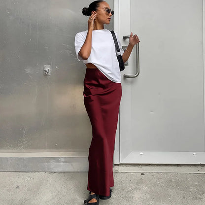 Elegant Satin Black Trumpet Skirts Fashion Slim High Waist Skirts Women Female 2024 Solid Office Long Skirt Spring Summer