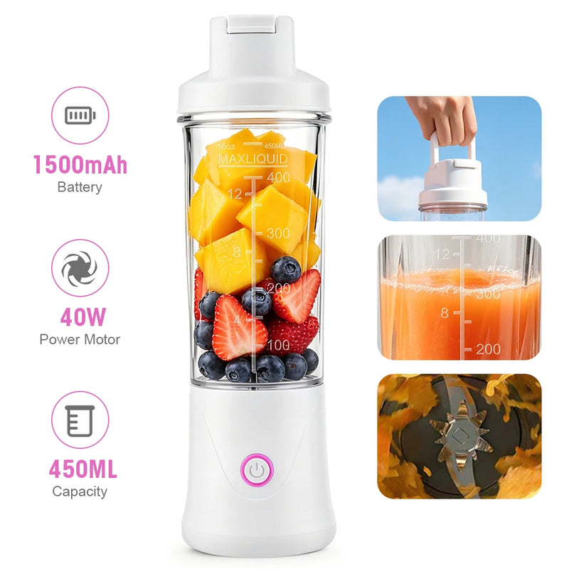 Portable Fruit Juicer Mini Blender 450ML Electric Juice Cup 12 Blades Rechargeable Blender For Shakes And Smoothies Ice Crusher
