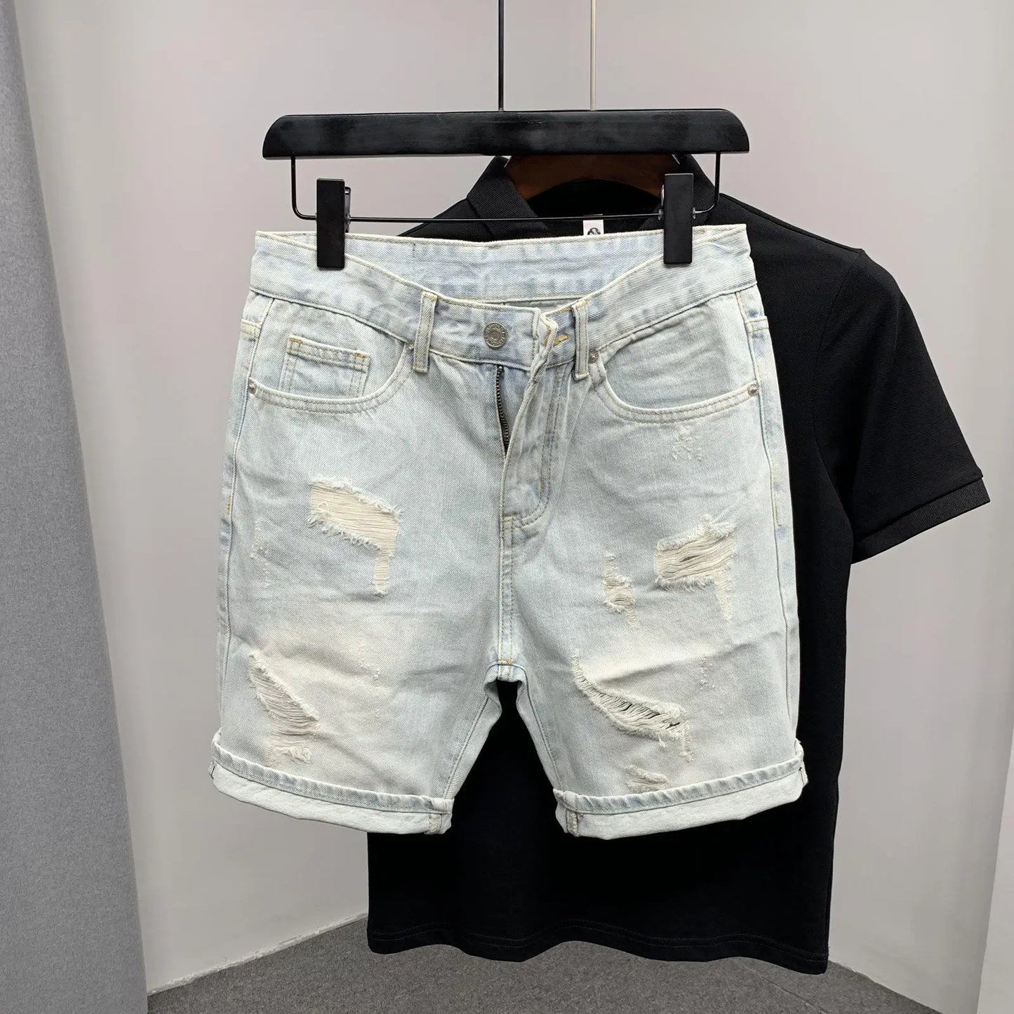 New 2025 Beggar Cat Whisker Big Hole Popular Pants Men's Summer Trendy Brand Washed Blue Denim Shorts Streetwear Ripped Jeans