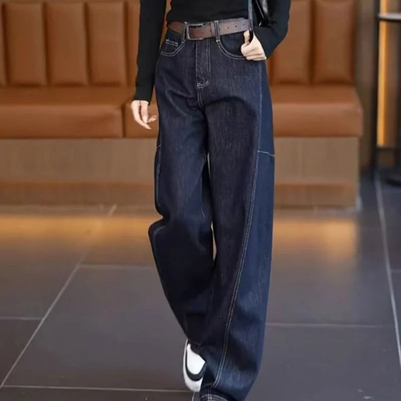 Women's 2026 American Retro Curved Wide Leg Jeans Dark Denim High Waist Casual Trendy Streetwear Trousers Pants