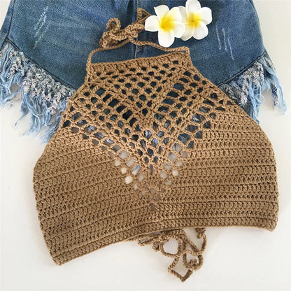 White Halter Vest Strap Crop Tops Bra Beach Bikini Women Summer Short Vest Sexy Hollow Out Crochet Bikini Tank Tops Shirt Plain
