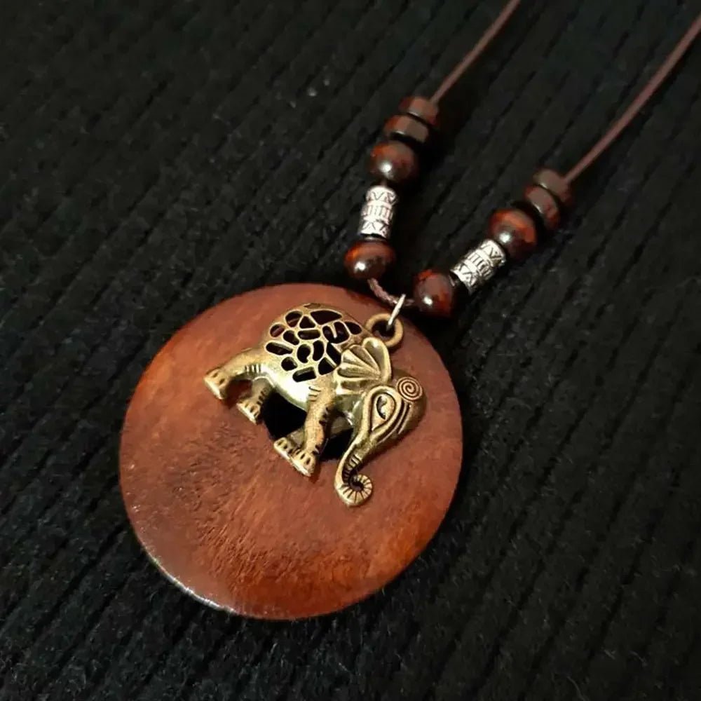 Retro Ethnic Round Wooden Leaf Owl Long Sweater Chain Necklace Women Vintage Clock Pendant Female Jewelry Neck Accessories Gifts