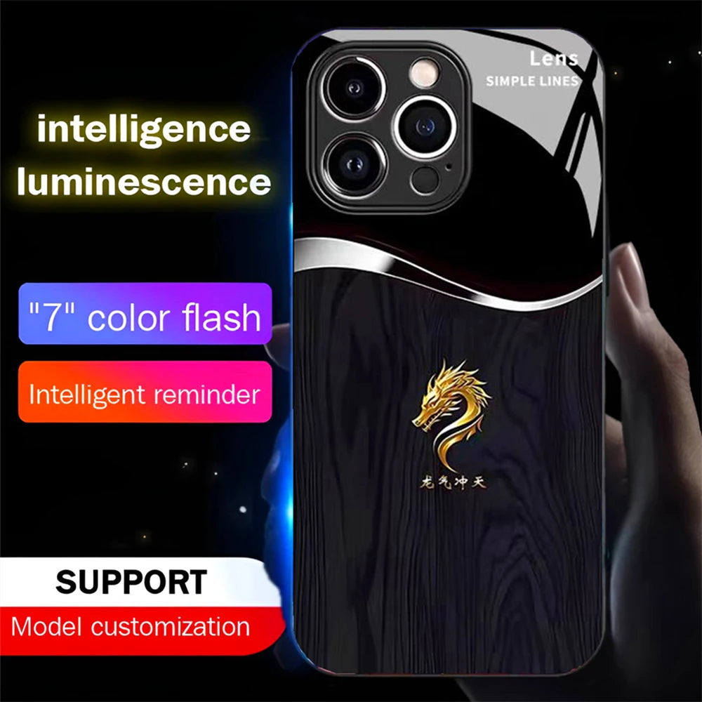 Wood Grain Dragon Emblem Sound Control LED Flash Cases Luminous Glass Cover For XiaoMi 15 14 13 12 11 Pro Ultra