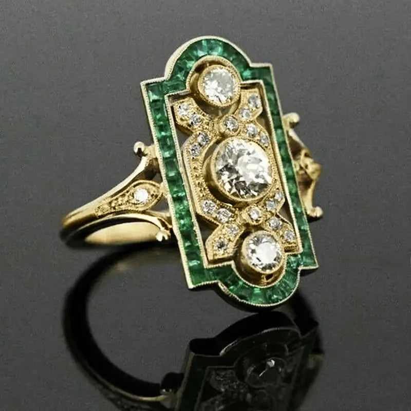Huitan Vintage Women Ring Unique Design Party Daily Gorgeous Accessories Inlaid Bright White/Green Cubic Zirconia Chic Jewelry