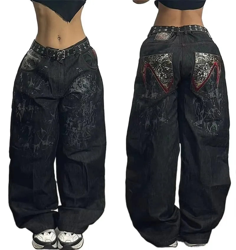 Y2K Gothic Retro Miss Me Boot Cut Jeans Women's Blue Denim Embroidery Cross Pocket Hip Hop Harajuku Wide Pants Street Wear