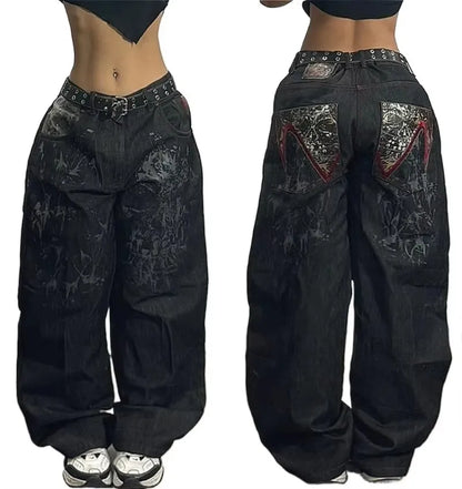 Y2K Gothic Retro Miss Me Boot Cut Jeans Women's Blue Denim Embroidery Cross Pocket Hip Hop Harajuku Wide Pants Street Wear