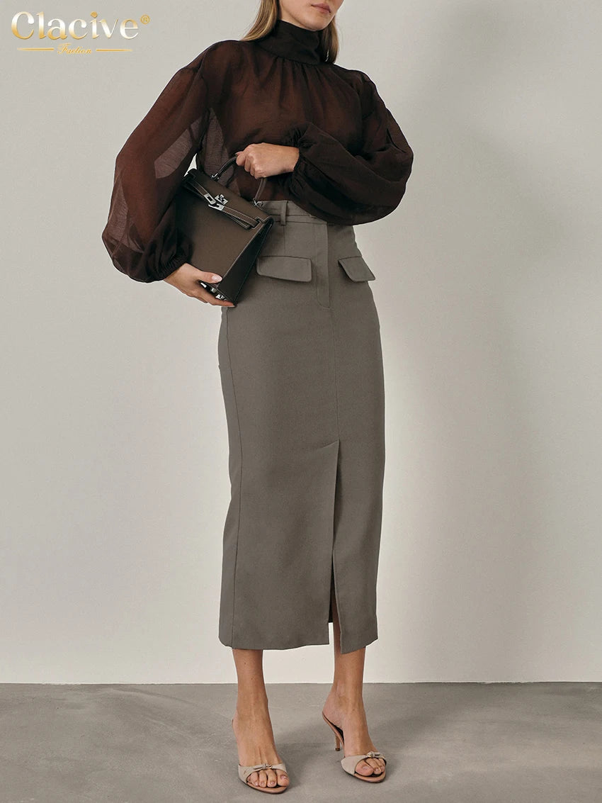 Clacive Fashion Slim Khaki Women's Skirt 2025 Bodycon High Waist Midi Skirt Elegant Classic Solid Slit Skirt Female Clothing