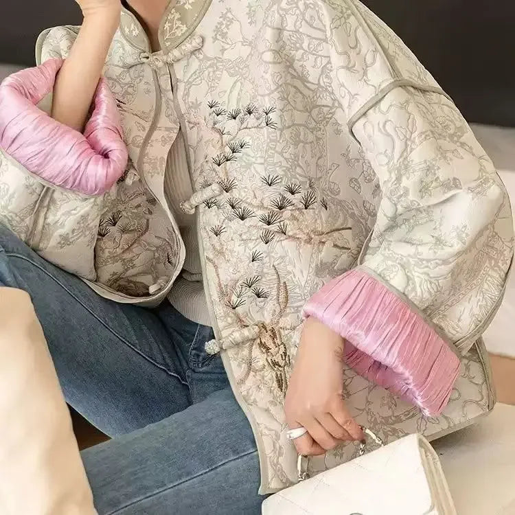 High Quality Jacquard Embroidery Short Jacket Women Loose Vintage Korean Long Sleeve Tangsuit Cheongsam Coats Chinese Style Tops