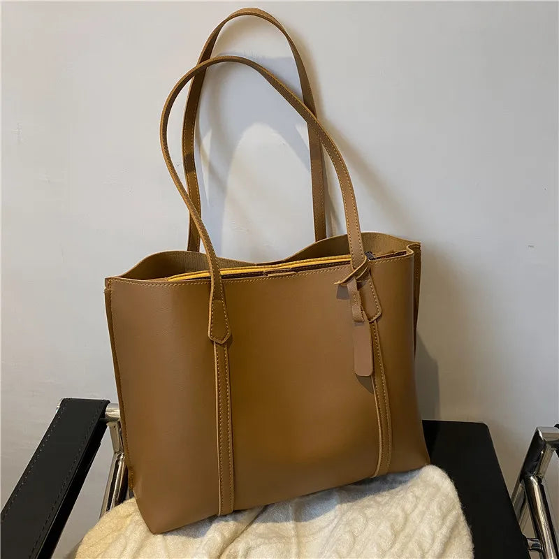 New Trend Retro Solid Color PU Leather Underarm Bag Simple Women Large Capacity Bag Shopping Travel Elegant Unisex Tote Bags