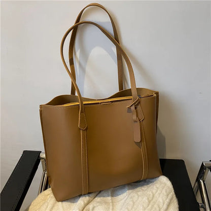 New Trend Retro Solid Color PU Leather Underarm Bag Simple Women Large Capacity Bag Shopping Travel Elegant Unisex Tote Bags