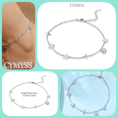 Original Anklets for Women 925 Sterling Silver Exquisite 2 Layer Zircon Chain Anklet Gold Color Ideal Summer Beach Jewelry Gift