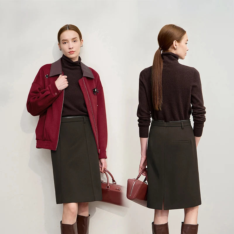AMII Minimalist Skirts For Women 2025 Winter New Straight Solid Knit Midi Skirt Patchwork Leather Casual Woman Clothes 12524092