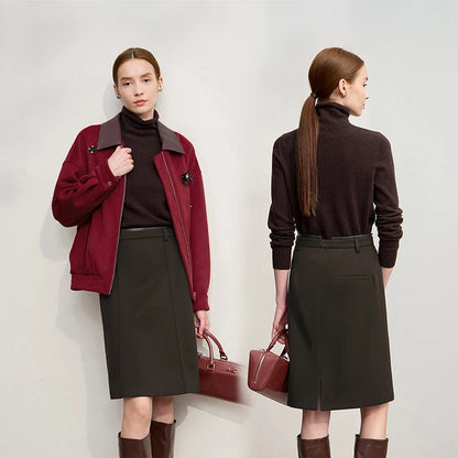 AMII Minimalist Skirts For Women 2025 Winter New Straight Solid Knit Midi Skirt Patchwork Leather Casual Woman Clothes 12524092