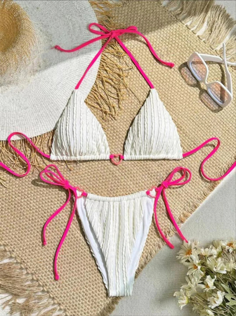 Sexy White Pink Contrast Triangle Bikini Women Heart Designer Push Up Micro Swimsuit Summer Bathing Suit Thong Swimwear 2025