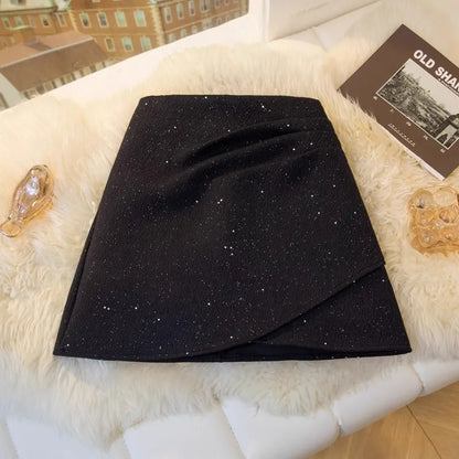 Shiny Sequin A- Line Mini Skirt High Waist Anti-Light Woolen Women's Fashionable Autumn Winter Short Skirt Polyester Blend
