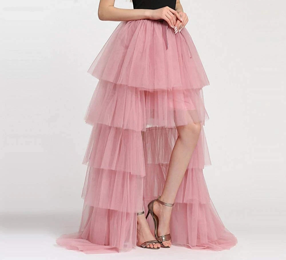 Women's High Low Tulle Multi-Skirt Iered Ruffles Asymmetrical Prom Party Skirts Punk Tulle Gown Under Petticoat