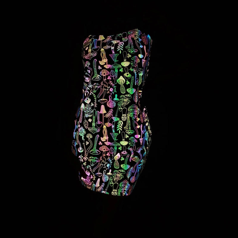 New Arrivals Mushroom Colorful Reflective Dress Women Night Reflect Rainbow Light Black Bodycon Dress Fashion Party Vestido