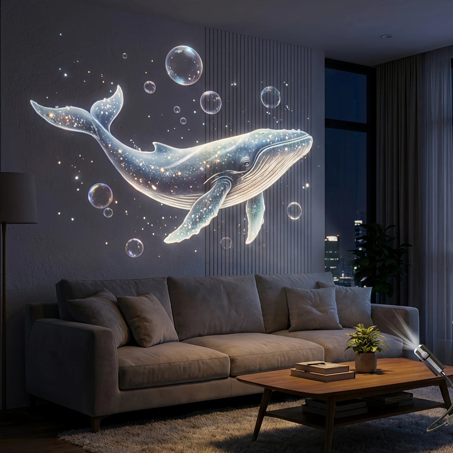 Portable marine life projector light, featuring 8 light panels including jellyfish, whale, and sea turtle; USB powered, 360° rot