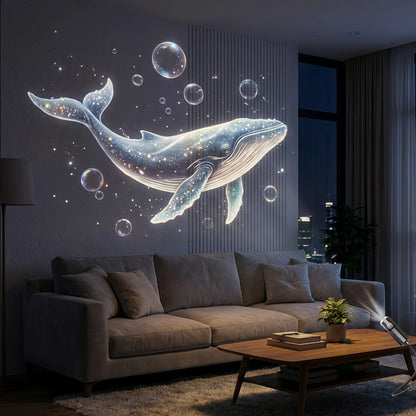 Portable marine life projector light, featuring 8 light panels including jellyfish, whale, and sea turtle; USB powered, 360° rot