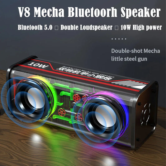 V8 Transparent Mecha Speakers Bluetooth 5.0 Wireless Double Bass Diaphragm Subwoofer Music TWS RGB Light Mini Party Loudspeaker