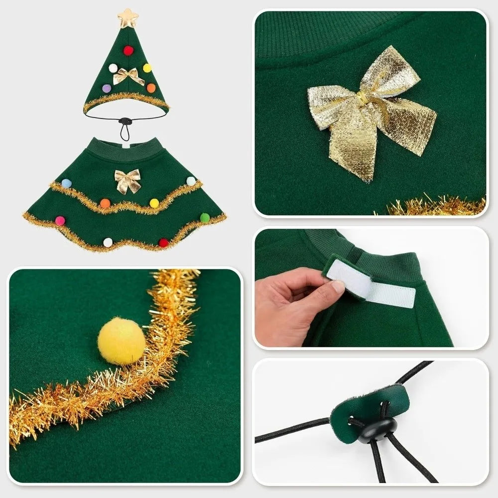 Cartoon Christmas Dog Cape Christmas Tree Design Polyester Pet Cloak Unique Adjustable Pet Christmas Clothing