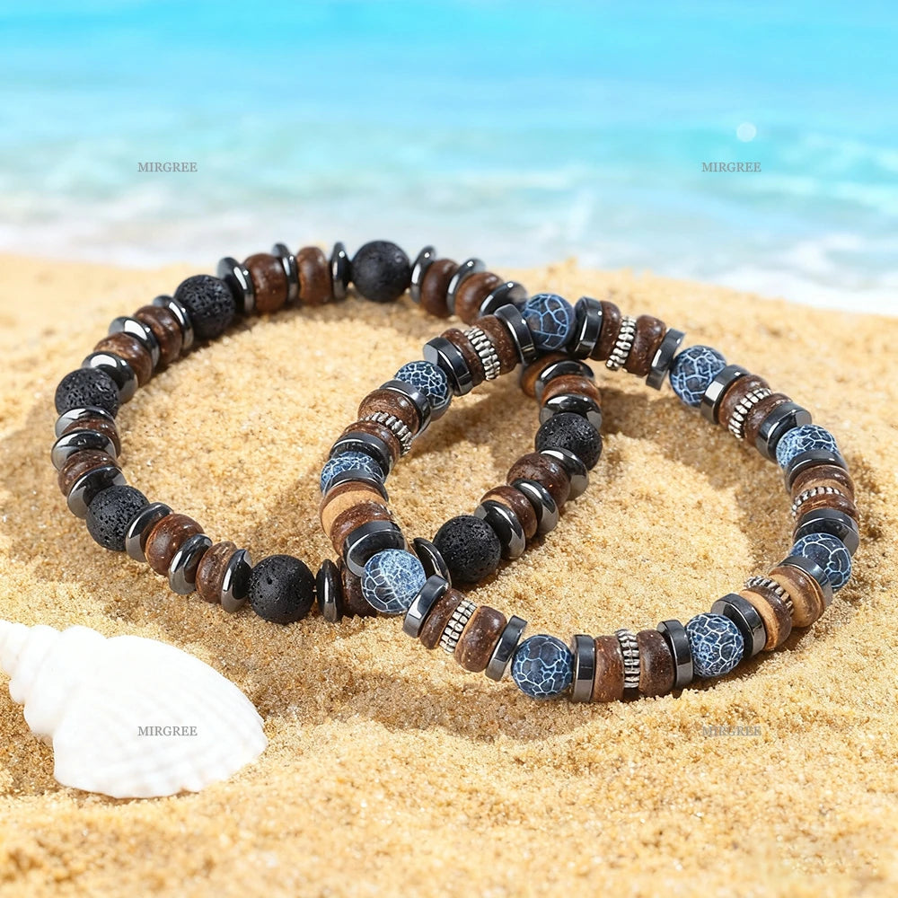 2pcs Men's Natural Stone Bead Bracelet Set, Handmade Retro Outdoor Style Men's Jewelry, Men's Gift