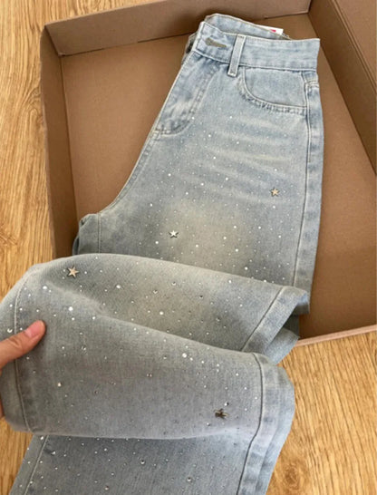 Elegant Light Blue Beaded Straight Denim Pants for Women High Waist Slim Fit Wide Leg Long Trousers