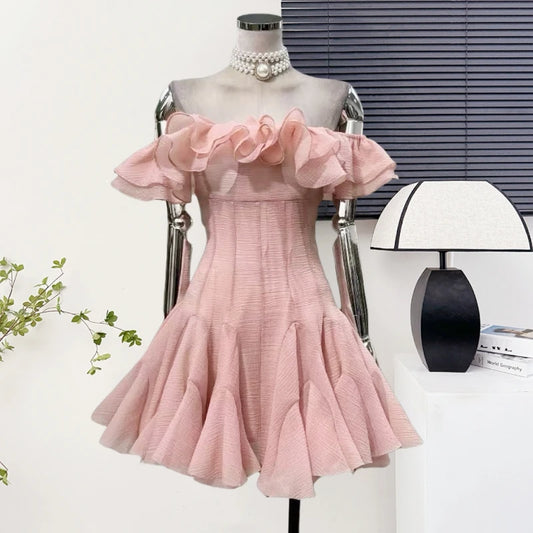 Women's Elegant Off Shoulder Ruffles Slim Mini Dress Lady Summer Sexy Party Holiday Slash Neck A Line Short Dress