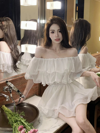 Woman Chiffon Dress Sexy Short Ruffle Dresses for Women Off Shoulder Casual Youth Chic and Elegant Pretty Fashion Summer 2025