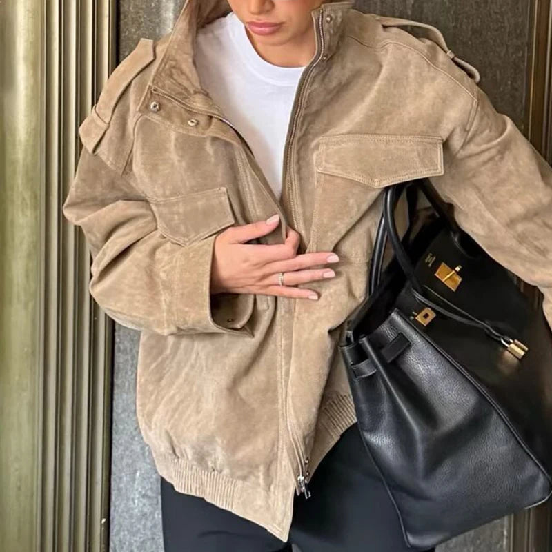Women's Khaki Leather Jacket zartins Long Sleeve Outwear Streetwear Fashion Coat with Pocket 2026 Style Jackets Solid Woman Coat