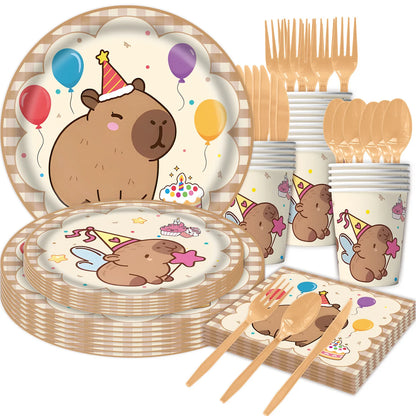 Cute Capybara Birthday Decorations Balloons Backdrop Tablecloth Stickers Cups Plates for Baby Shower Kids Event Party Supplies
