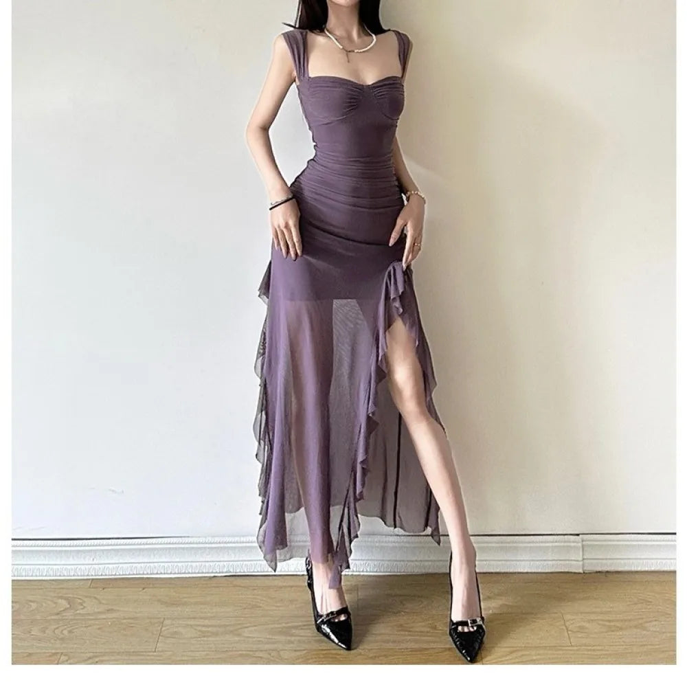 SylCue Ruched Ruffle Elegant Dress Women Sexy Off Shoulder Backless Mesh See Through Splits Hem Midnight Prom Party Long Bodycon
