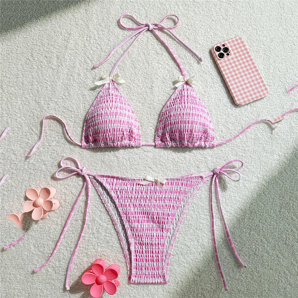 Pink Plaid Print String Micro Bikini Thong 2025 Sexy Swimsuit Women Halter Wrinkle Swimwear Bow Triangle Bikinis Sets Beach Wear