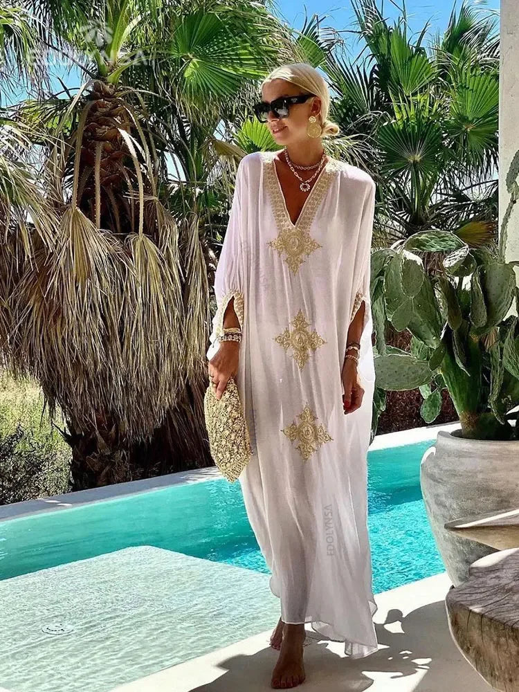 2024 Elegant Gold Embroidered Kaftan Retro V-neck White Dress Plus Size Women Clothes Summer Beach Wear Swim Suit Cover Up Q1373