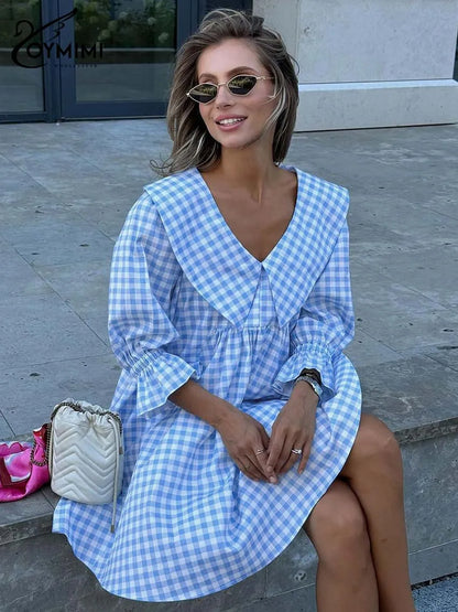 Oymimi Elegant Blue Cotton Dresses 2024 Women Fashion Print Three Quarter Sleeve Looes Dresses Casual New Pleated Mini Dress