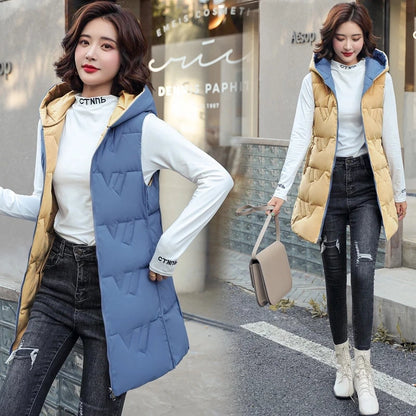 Double Side Vest Korean Slim Hooded Down Cotton Vest Women Waistcoat Sleeveless Jacket 2022 Autumn Winter Jacket Female Coat
