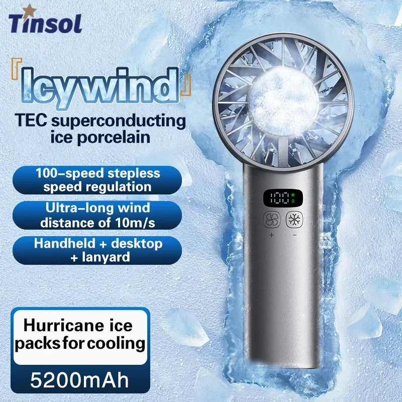 TINSOL Ice-cooling high-speed handheld fan 5200mAh portable mini fan, suitable for travel, camping, and outdoors