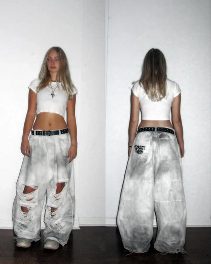 European American Retro Street Rock Destruction Heavy Industry Washing Brushed Jeans Men's High Street Niche Art Wide-leg Pants