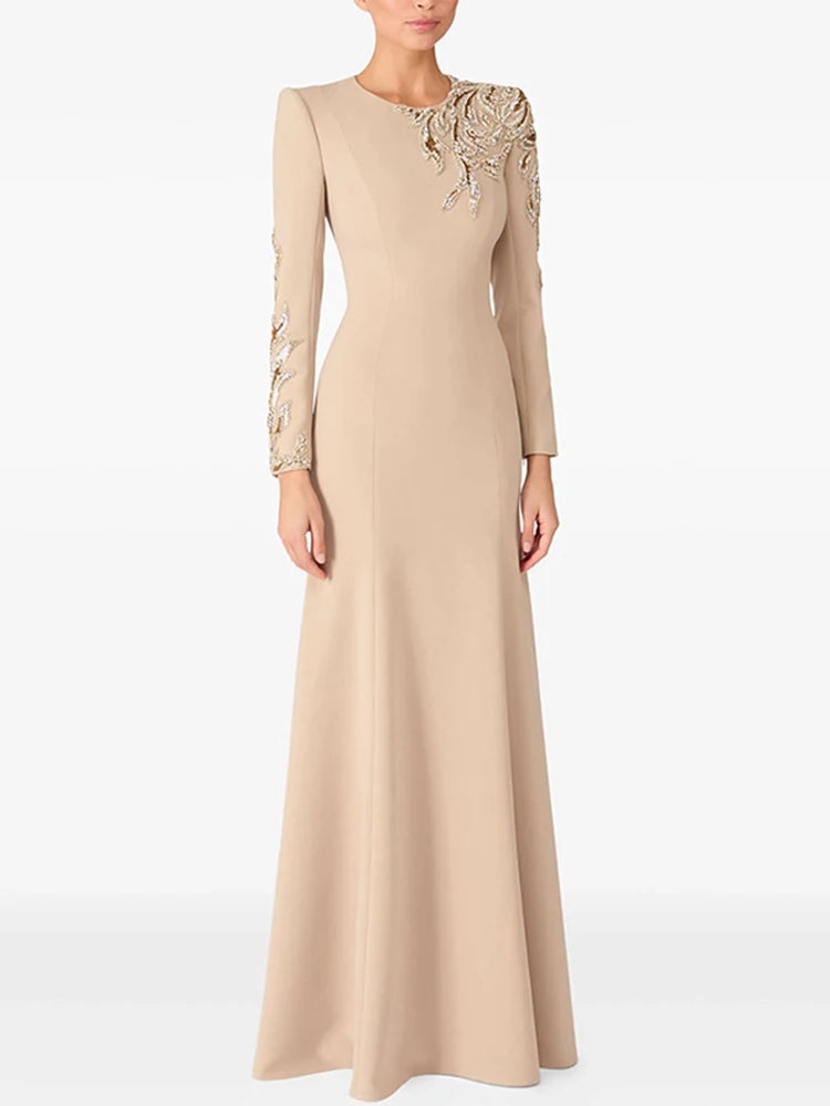 DEAT Elegant Dress O-neck Embroidered Flares Patchwork Long Sleeve Women's Evening Party Dresses 2026 Spring New Fashion 35Z3686
