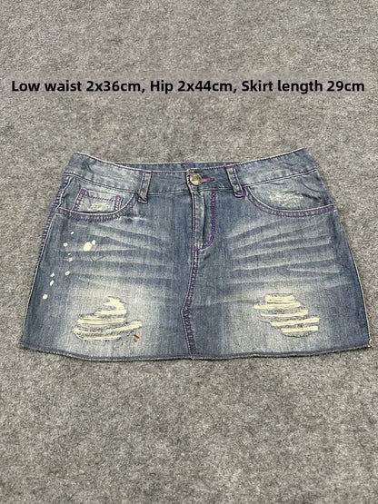 Sexy American Vintage Low Waist Denim  Skirt for Students Z4 Antiquing Y2K Trendy ort Skirt with Handmade Ripped And Fo...