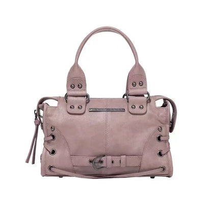 Korean brand FANCY CLUB: Large Capacity Retro Fancyclub Tote Bag with Rivets and Straps – A Motorcycle-Style Bag for Women.