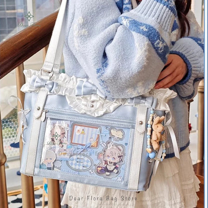 Japanese Sweet Women Ribbon Ita Bag Cute Lolita Girl Transparent Handbags Fashion Large Capacity Tote Bag Aesthetic Shoulder Bag