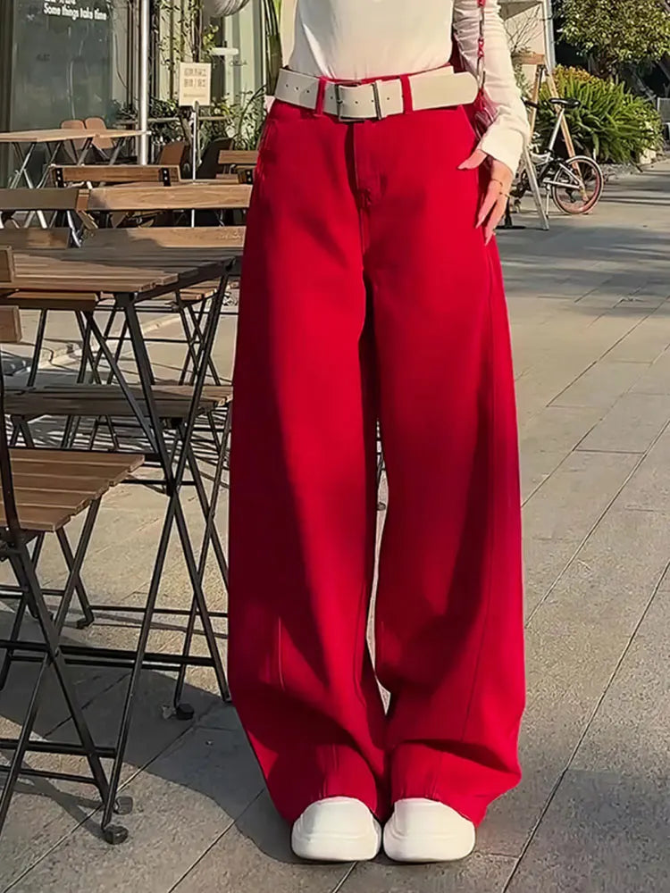 Retro Red High Waist Wide Leg Jeans For Women 2025 New Style Loose Casual Full-Length Denim Pants No Belt Trendy Autumn Winter