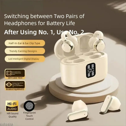 2in1 Ear-Clip in-Ear Couple Wireless Bluetooth Headphones LED Power Display Earphones Earbuds for Game Music