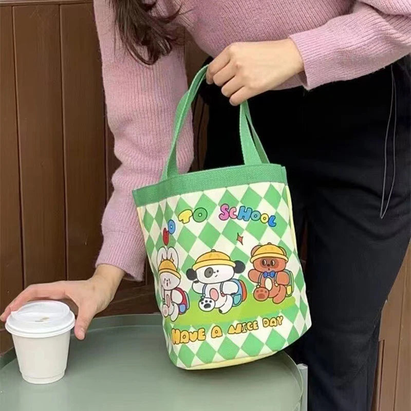 Casual Canvas Bucket Bag Tote Women Handbags Cartoon Print Lunch Bag Shopper Bag School Bag