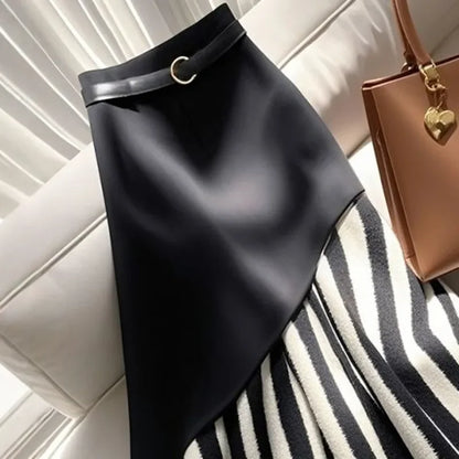 Irregualr Design Waistband Wrapped Hip Slim Mermaid Skirt Women's 2025 Spring New Tide Striped Patchwork Half Long Skirt