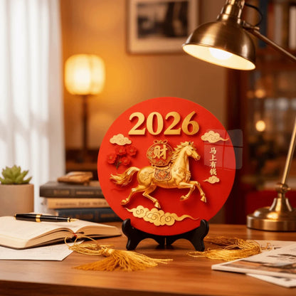 Horse Year Decorative Paintings Ornament Round Good Luck Desktop Ornament Wooden Funny Home Decor Ornament TV Cabinets